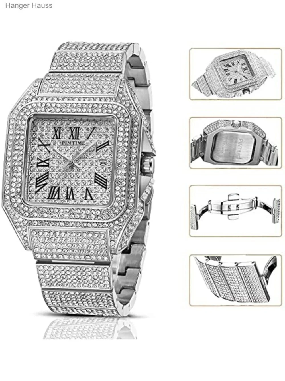 Iced Out Hip Hop Men's Crystal Watch Rectangle Case Stainless Steel Quartz